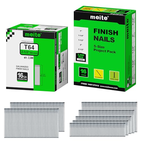 meite 16 Gauge Finish Nails, Total 5,000 Counts – 2-1/2" (2,500 Counts) and Assorted 5 Sizes (1", 1-1/4", 1-1/2", 2", 2-1/2" Each Size 500), Galvanized Straight 16GA Finish Nails for Finish Nailers