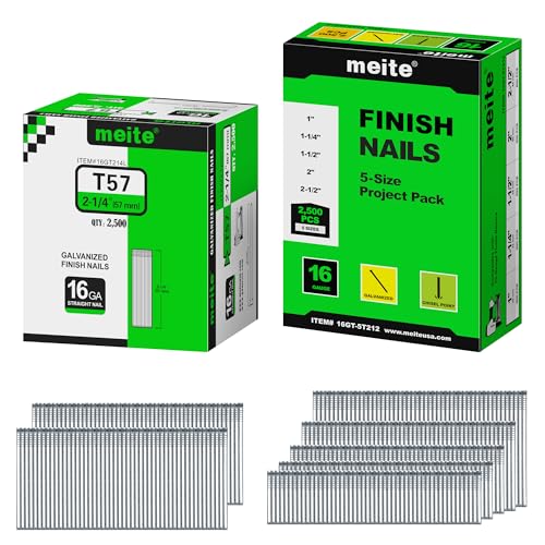 meite 16 Gauge Finish Nails, Total 5,000 Counts – 2-1/4" (2,500 Counts) and Assorted 5 Sizes (1", 1-1/4", 1-1/2", 2", 2-1/2" Each Size 500), Galvanized Straight 16GA Finish Nails for Finish Nailers