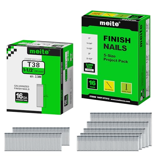 meite 16 Gauge Finish Nails, Total 5,000 Counts – 1-1/2" (2,500 Counts) and Assorted 5 Sizes (1", 1-1/4", 1-1/2", 2", 2-1/2" Each Size 500), Galvanized Straight 16GA Finish Nails for Finish Nailers