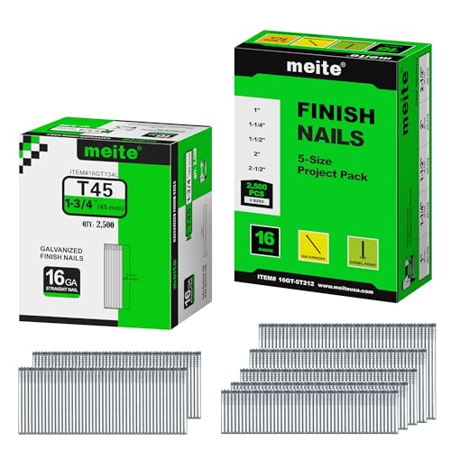 meite 16 Gauge Finish Nails, Total 5,000 Counts – 1-3/4" (2,500 Counts) and Assorted 5 Sizes (1", 1-1/4", 1-1/2", 2", 2-1/2" Each Size 500), Galvanized Straight 16GA Finish Nails for Finish Nailers