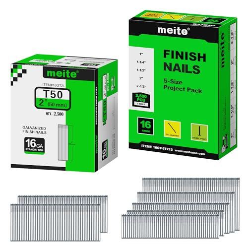 meite 16 Gauge Finish Nails, Total 5,000 Counts – 2" (2,500 Counts) and Assorted 5 Sizes (1", 1-1/4", 1-1/2", 2", 2-1/2" Each Size 500), Galvanized Straight 16GA Finish Nails for Finish Nailers