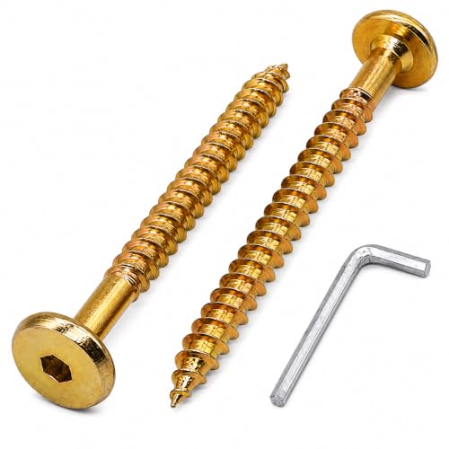 (Pack of 60) Yellow Zinc Plated Hex Socket Head Furniture Connector Bolts 1/4" × 2-3/8" (6.5 × 60 mm), Flat Head Furniture Bolts for Wood, with Hex Key Included 1/4" x 2-3/8" (6.5 x 60 mm)