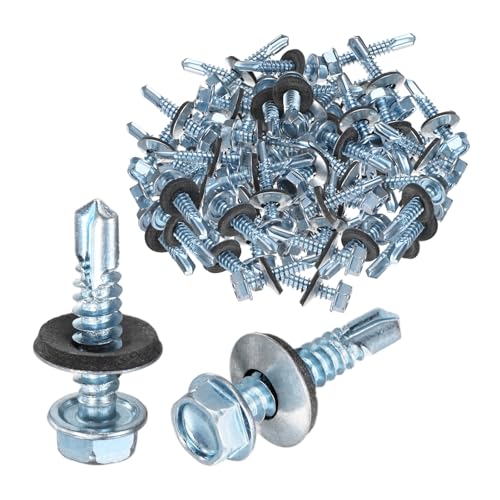 M METERXITY 100-Pack Self Drilling Screws with Rubber Washer #14 x 1-1/4" Zinc Plated Carbon Steel Hex Head Self-Tapping Screws for Metal Roofing/Siding Panels/Steel Structures [ 38mm Length] M6.3 x 32mm