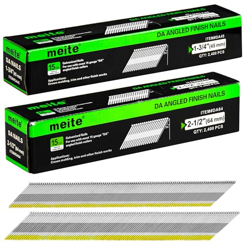 meite 15 Gauge 34 Degree Finish Nails Set 2-1/2 Inch & 1-3/4 Inch Galvanized Angled Finishing Nails for Finish Nailer Gun - Cabinet Crown Baseboard Door Trim