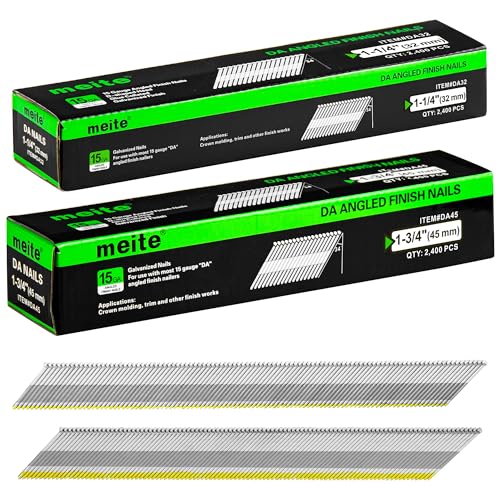 meite 15 Gauge 34 Degree Finish Nails Set 1-1/4' Inch & 1-3/4 Inch Galvanized Angled Finishing Nails for Finish Nailer Gun - Cabinet Crown Baseboard Door Trim