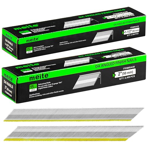 meite 15 Gauge 34 Degree Finish Nails Set 1-1/2'' Inch & 2 Inch Galvanized Angled Finishing Nails for Finish Nailer Gun - Cabinet Crown Baseboard Door Trim
