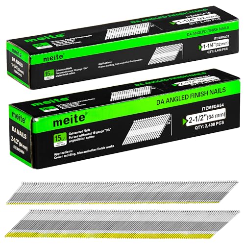 meite 15 Gauge 34 Degree Finish Nails Set 1-1/4 Inch & 2-1/2 Inch Galvanized Angled Finishing Nails for Finish Nailer Gun - Cabinet Crown Baseboard Door Trim
