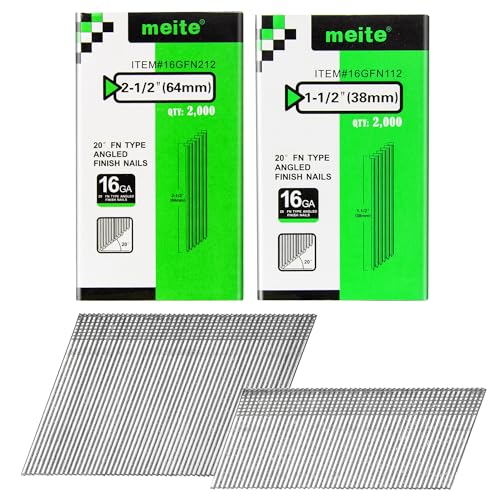 meite 16 Gauge 20 Degree Finish Nails Set 2-1/2 Inch & 1-1/2 Inch Galvanized Angled Finishing Nails for Finish Nailer Cabinet Crown Baseboard