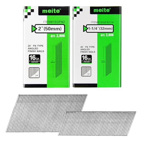 meite 16 Gauge 20 Degree Finish Nails Set 1-1/4 Inch & 2 Inch Galvanized Angled Finishing Nails for Finish Nailer Cabinet Crown Baseboard