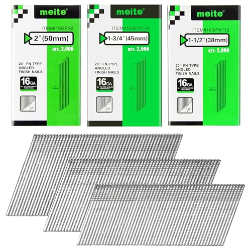 meite 16 Gauge 20 Degree Angled Finish Nails Set 2 & 1-3/4 & 1-1/4 Inch Galvanized Finishing Nails for Finish Nailer Cabinet Crown Baseboard