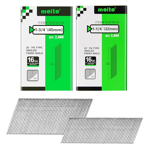 meite 16 Gauge 20 Degree Finish Nails Set 1-3/4 Inch & 1-1/4 Inch Leg Galvanized Angled Finishing Nails for Finish Nailer Cabinet Crown Baseboard