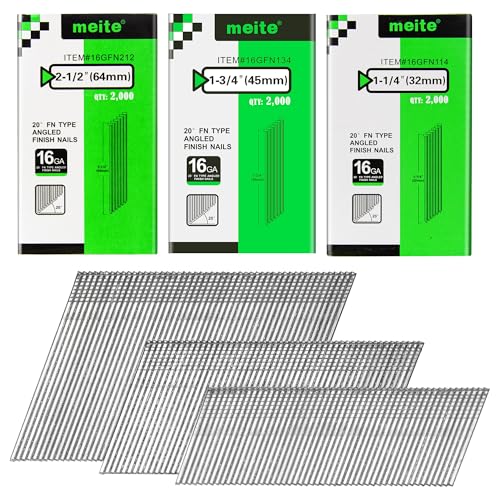 meite 16 Gauge 20 Degree Angled Finish Nails Set 1-1/2 Inch & 1-1/4 Inch & 2 Inch Galvanized Finishing Nails for Finish Nailer Cabinet Crown Baseboard