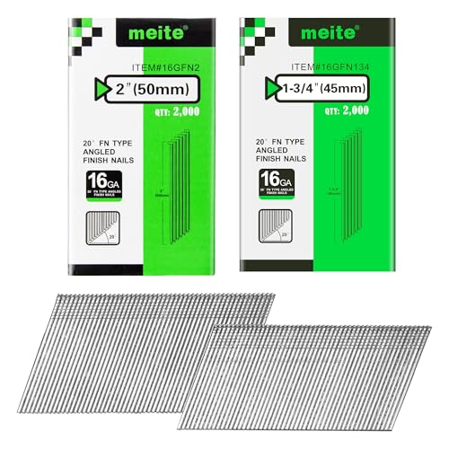 meite 16 Gauge 20 Degree Finish Nails Set 1-3/4 Inch & 2 Inch Leg Galvanized Angled Finishing Nails for Finish Nailer Cabinet Crown Baseboard