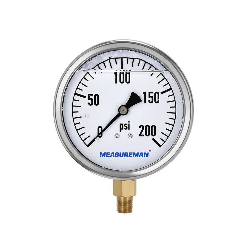 MEASUREMAN Glycerin Filled Plumbing Pressure Gauge 0-200psi Stainless Steel Case, 4" Dial 1/4" NPT Brass Lower Mount, Suitable for Pneumatic Tools, Water Filtration & Industrial Hydraulic Systems