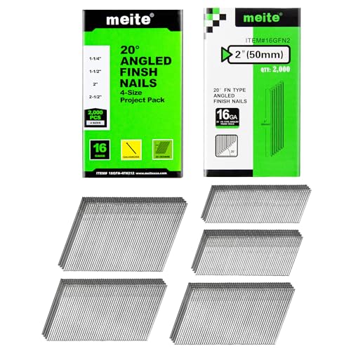 meite 16 Gauge 20 Degree Finish Nails Set 2-Inch & 2000-Pack Assorted Size Project Pack Galvanized Angled Finishing Nails for Finish Nailer Cabinet Crown Baseboard