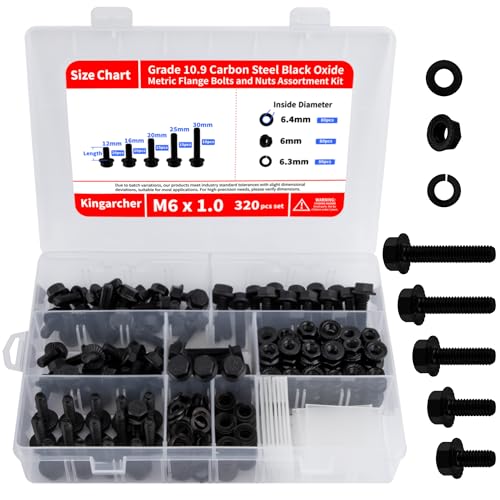 Kingarcher 180 Pcs Grade 10.9 Metric Flange Bolts and Nuts Set –M8 x 1.25, Carbon Steel Black Oxide Assortment Kit with Flat and Spring Lock Washers in Storage Case (Black Oxide, M6-320)