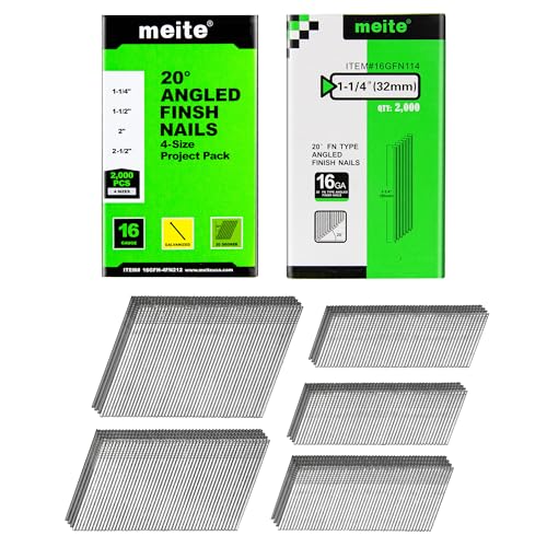 meite 16 Gauge 20 Degree Finish Nails Set 2000-Pack Assorted Size & 1-1/4 Inch Project Pack Galvanized Angled Finishing Nails for Finish Nailer Cabinet Crown Baseboard