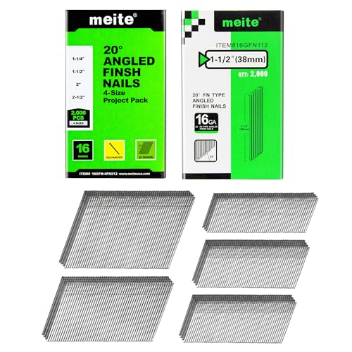 meite 16 Gauge 20 Degree Finish Nails Set 2000-Pack Assorted Size & 1-1/2 Inch Galvanized Angled Finishing Nails for Finish Nailer Cabinet Crown Baseboard