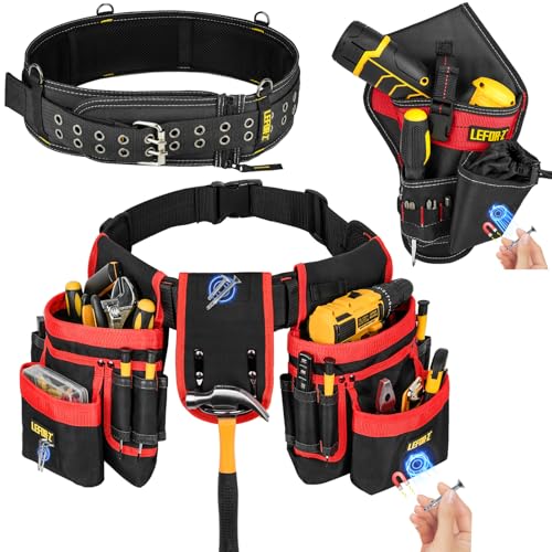 3 in 1 Magnetic Tool Belt Pouch+Replacement Padded Tool Belt(Adjustable 34''-40'')+Drill Holster,Heavy Duty Tool Belts for Men,Work Belts with Impact Holster for Electrician,Carpenter,Construction