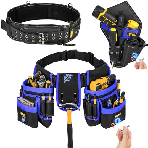 3 in 1 Magnetic Tool Belt Pouch+Replacement Padded Tool Belt(Adjustable 34''-40'')+Drill Holster,Heavy Duty Tool Belts for Men,Work Belts with Impact Holster for Electrician,Carpenter,Construction