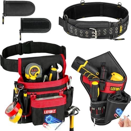 14-Pockets Magnetic Tool Belt Pouch+Replacement Padded Tool Belt(Adjustable 34''-40'')+Drill Holster,3 in 1 Tool Belts for Men,Work Belts with Impact Holster for Electrician,Carpenter,Construction
