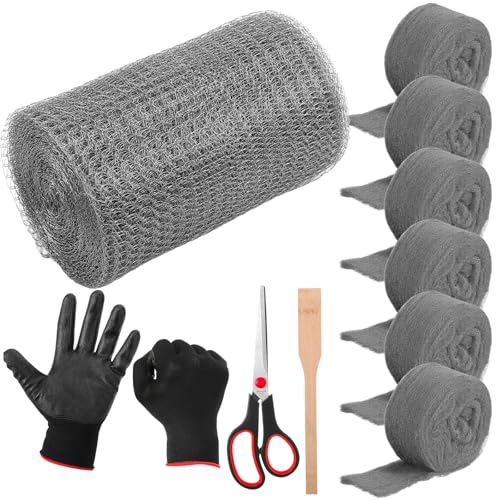 Steel Wool for Mice Control Mesh Rodent Control Kit 1 Pack Rustproof Mesh Roll and 0000 Steel Wool Mouse Hole Filler with Gloves, Scissors for House Garden Home Garage(5in X 29.5ft) Stainless Steel 5in X 29.5ft