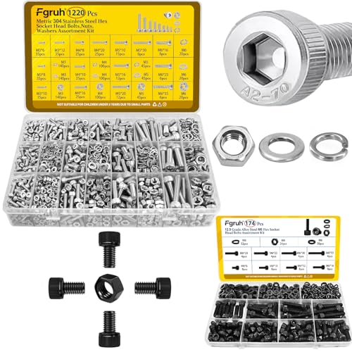 1220PCS M3 M4 M5 M6 Metric Hex Socket Head Screws Assortment Kit & 174PCS M6 Hex Socket Head Bolts Assortment Kit for 3D Printer,DIY