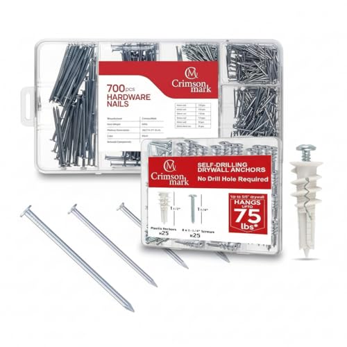 CrimsonMark Wall Mounting Kit – 700 PCS Assorted Nails + 50 PCS Drywall Anchors & Screws | Complete Picture Hanging & Wall Decor Set