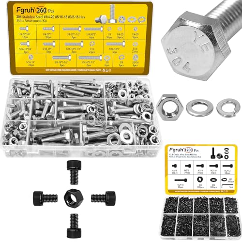 260PCS SAE 1/4-20, 5/16-18, 3/8-16 Hex Bolts Assortment Kit & 1200PCS M2 Hex Socket Head Bolts Assortment Kit