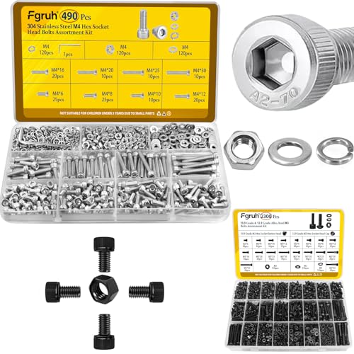 490pcs M4 Stainless Hex Socket Head Cap Screw Bolts Kit & 2300PCS M3 Hex Socket Button & Cap Head Bolts Assortment Kit for DIY, 3D Printer