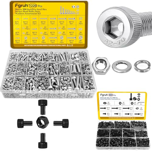 1220PCS M3 M4 M5 M6 Metric Hex Socket Head Screws Assortment Kit & 480PCS M4 Hex Socket Head Bolts Assortment Kit for DIY, 3D Printer