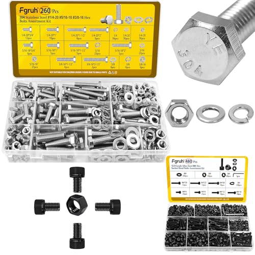260PCS SAE 1/4-20, 5/16-18, 3/8-16 Hex Bolts Assortment Kit & 480PCS M4 Hex Socket Head Bolts Assortment Kit