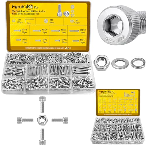 490Pcs M4 Hex Socket Head Cap Screw Bolts Kit & 1220PCS M3 M4 M5 M6 Metric Hex Socket Head Screws Assortment Kit, 304 Stainless Steel Screw Set with Nuts, Washers