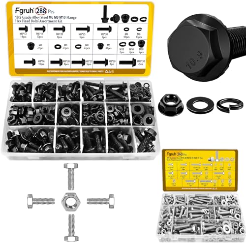 288PCS Metric M6 M8 M10 Flange Head Bolts Assortment Kit & 260PCS SAE 1/4-20, 5/16-18, 3/8-16 Hex Bolts Assortment Kit for Automotive
