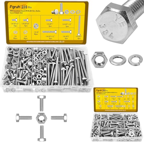 224PCS SAE 1/4''-20 Hex Bolts Assortment Kit & 260PCS SAE 1/4-20, 5/16-18, 3/8-16 Hex Bolts Assortment Kit, 304 Stainless Steel Screws and Nuts Assorted for Automotive