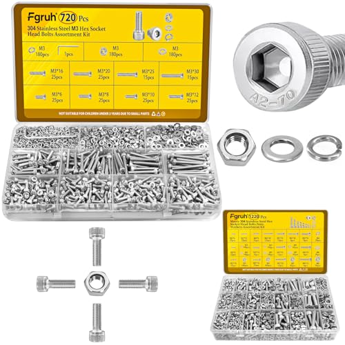 720Pcs M3 Hex Socket Head Cap Screw Bolts Kit & 1220PCS M3 M4 M5 M6 Metric Hex Socket Head Screws Assortment Kit, 304 Stainless Steel Screw Set with Nuts, Washers