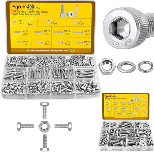 490Pcs Metric M4 Hex Socket Head Cap Screw Bolts Kit & 260PCS SAE 1/4-20, 5/16-18, 3/8-16 Hex Bolts Assortment Kit