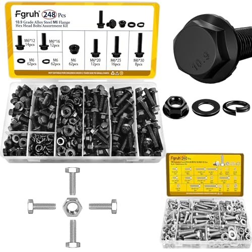 248PCS Metric M6 Flange Head Bolts Assortment Kit & 260PCS SAE 1/4-20, 5/16-18, 3/8-16 Hex Bolts Assortment Kit for Automotive