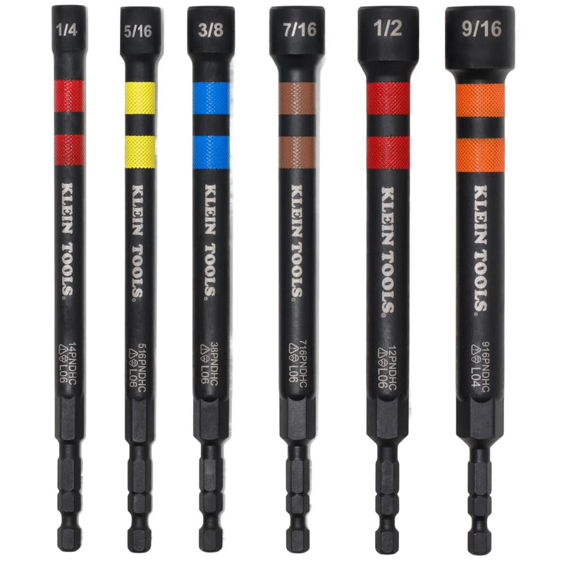 Klein Tools 32940 SAE Magnetic Hollow Impact Nut Drivers Set, 6-Piece Color Coded Hollow Power Nut Driver with Extended Reach, 6 SAE Sizes 5-Inch/6-Piece Set