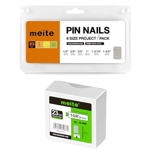 meite 1-3/8" Galvanized 23 Gauge Pin Nails - 10000 Counts and Assorted 6 Sizes (1/2", 5/8", 3/4", 1", 1-3/16", 1-3/8") 304 Stainless Steel Pin Nails - 6000 Counts