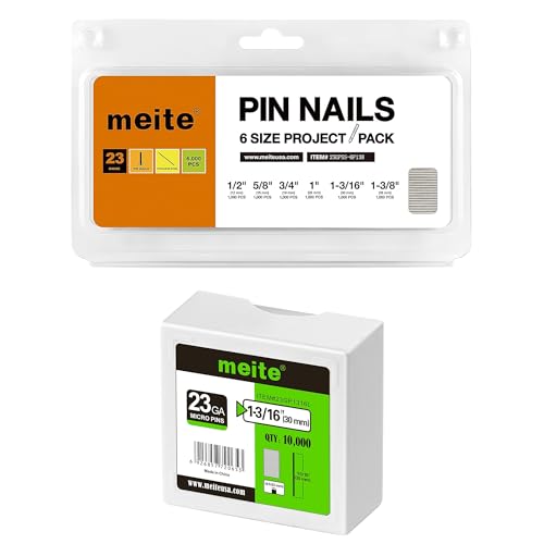 meite 1-3/16" Galvanized 23 Gauge Pin Nails - 10000 Counts and Assorted 6 Sizes (1/2", 5/8", 3/4", 1", 1-3/16", 1-3/8") 304 Stainless Steel Pin Nails - 6000 Counts