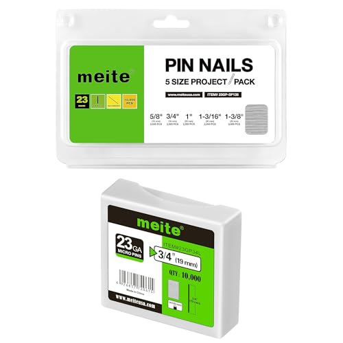 meite 3/4" Galvanized 23 Gauge Pin Nails - 10000 Counts and Assorted 5 Sizes (5/8", 3/4", 1", 1-3/16", 1-3/8") Galvanized Pin Nails - 10000 Counts