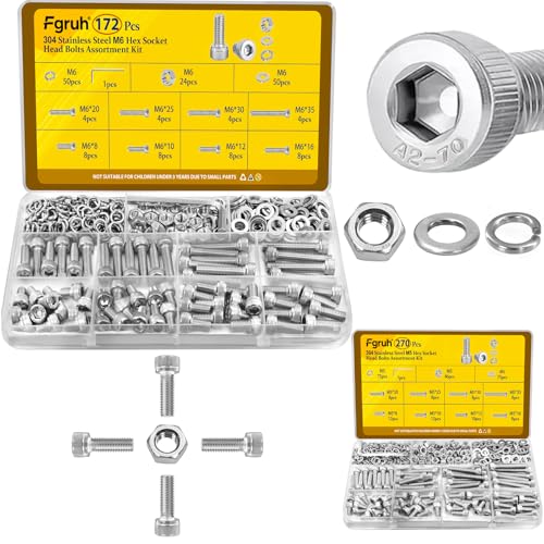 172Pcs Metric M6 Hex Socket Head Bolts Assortment Kit & 270Pcs M5 Hex Socket Head Cap Screw Bolts Kit, 304 Stainless Steel Screw Set with Nuts, Washers