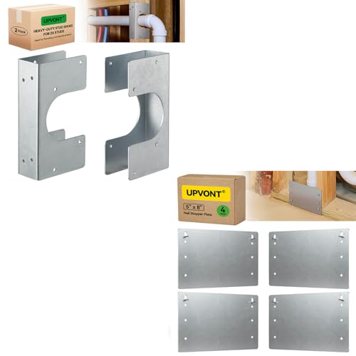 Single 2X Stud Shoes (2 PCS) & 5" x 8" Nail Stopper Plate (4 PCS), 16-Gauge Galvanized Steel – Thicker, IBC & IRC Code Compliant, Extra Durable
