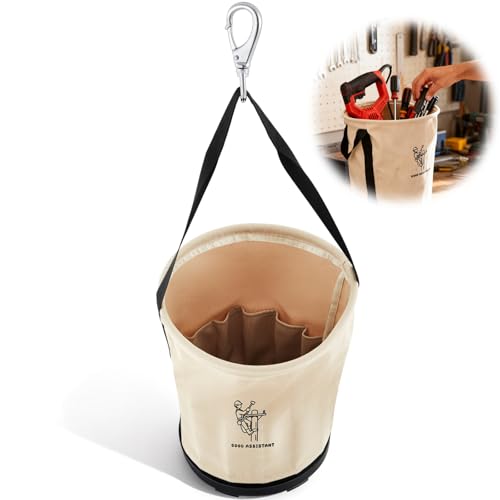 Heavy Duty Tool Canvas Bucket 12 x 12 x 9'' Tapered Wall Bucket Bag with 14 Inner Pockets, Thickened 14 Ounce Canvas, Plastic Bottom High Weight Load Capacity up to 100 Lbs (Printed) Printed