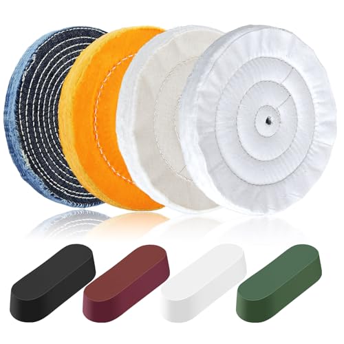 8PCS 8 Inch Buffing & Polishing Wheel Kit for Bench Grinder, 1/2" Arbor Hole, Denim/Yellow/White/Flannel Polishing Wheels with 4 Buffing Compound Set,Polishing Rouge Bars 8 Inch - 8 PCS
