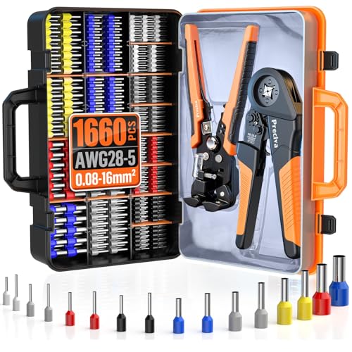 Preciva Ferrule Crimping Tool Kit with Wire Stripper, Quadrilateral Ferrule Crimper for AWG 28-5（0.08-16mm²） Self-Adjustable Ratchet Ferrule Terminals Crimping Tool with 1660Pcs Ferrules Connectors Quadrilateral Ferrule Crimping Tool Kit