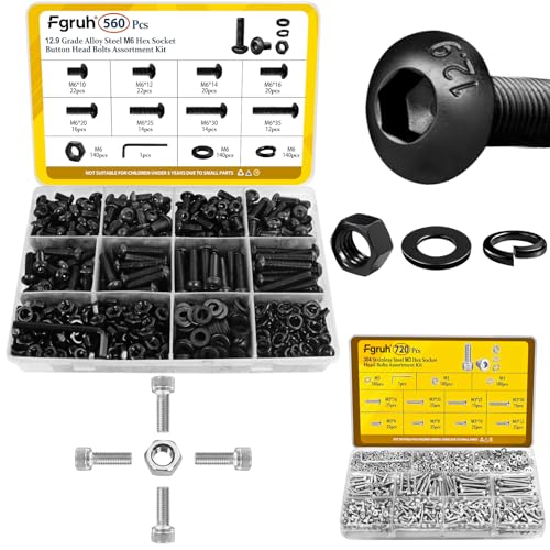 560PCS M6 Hex Socket Button Head Bolt Assortment Kit & 720Pcs M3 Hex Socket Head Bolts Assortment Kit with Nuts, Washers