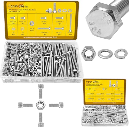 224PCS SAE 1/4''-20 Hex Bolts Assortment Kit & 720Pcs M3 Hex Socket Head Bolts Assortment Kit with Nuts, Washers