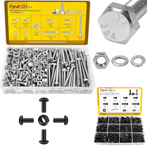 224PCS SAE 1/4''-20 Hex Bolts Assortment Kit & 560PCS Metric M6 Hex Socket Button Head Bolt Assortment Kit